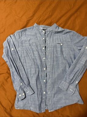 Michael Brandon Blue Grandad Collar Button-Down Shirt